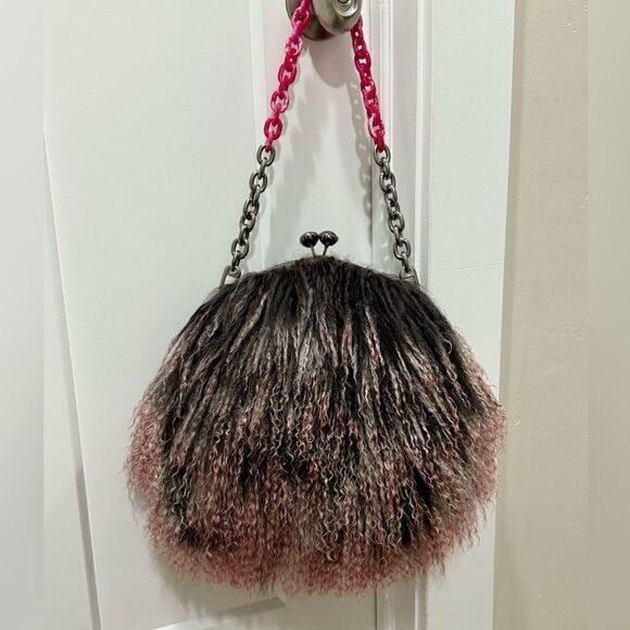 Handmade Gradient Color Real Mongolian Lamb Fur Kisslock Shoulder Bag/Crossbody - Picture 1 of 14